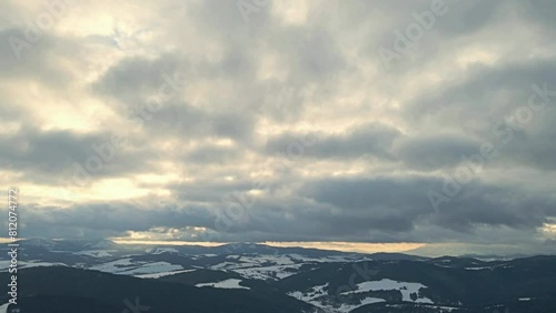 Aerial view of the Poprad Landscape Park in the Beskid Sadecki on a sunny,winter day.