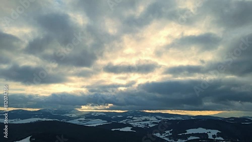 Aerial view of the Poprad Landscape Park in the Beskid Sadecki on a sunny,winter day.