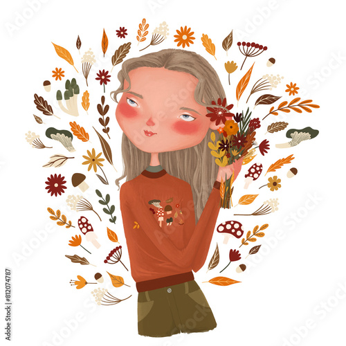 fall girl crayon drawing autumn illustration, hand drawn blushing autumn girl with fall flowers bouquet and autumn leaves digital painting cute cartoon beautiful woman with wearing fall orange sweater
