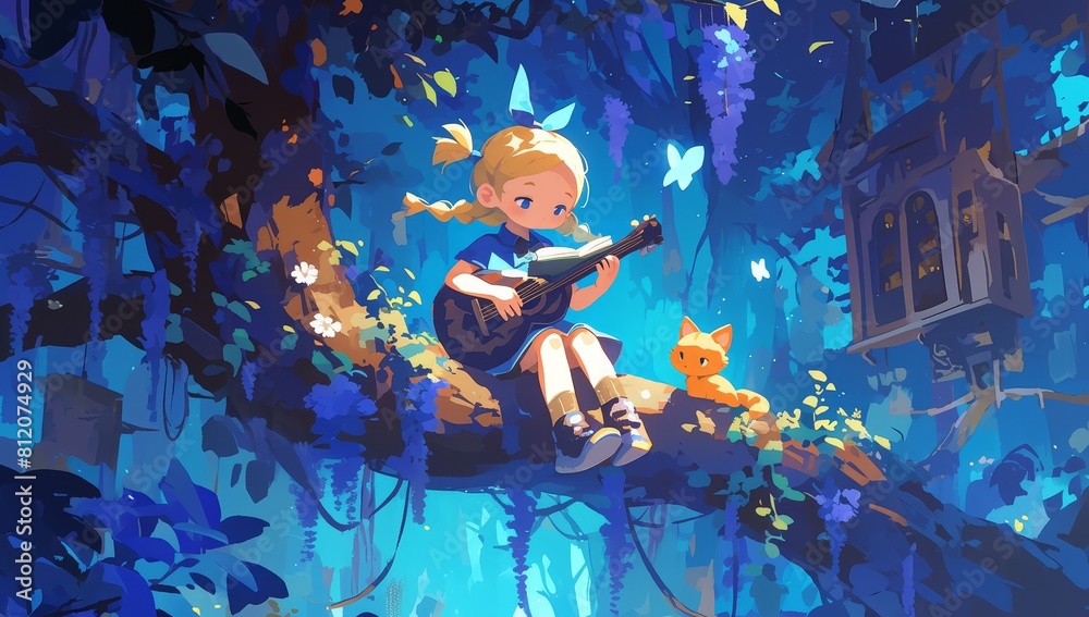 A cute little girl is sitting on the branch of an old tree, reading her book and playing music with a guitar in the style of cartoon. 
