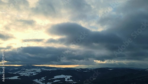 Aerial view of the Poprad Landscape Park in the Beskid Sadecki on a sunny,winter day.