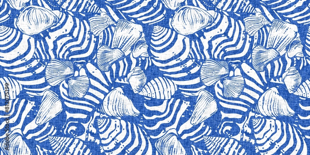 Blue Beach Shell Design Pattern Azure blue white shell motif with linen seamless batik border ...