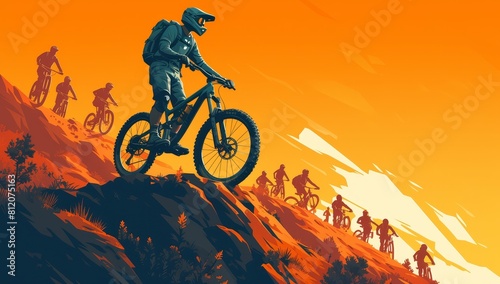 A downhill bike stands on the edge of an orange and black background, with silhouettes of people behind 