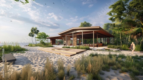 Amazing modern beach house with huge glass windows and wooden terrace