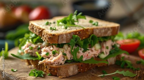 Fresh tuna sandwich on wooden board