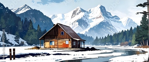 Wooden house on the river bank with snowy mountains as a background, artistic painting style illustration with grunge brush stroke texture. Vector illustration. Generative AI