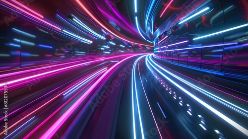Neon lights streak through a futuristic tunnel