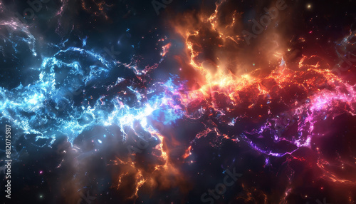 A colorful space scene with two glowing red and blue clouds by AI generated image