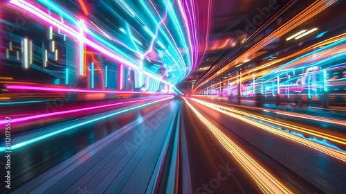 Neon lights streak through a hyper speed tunnel