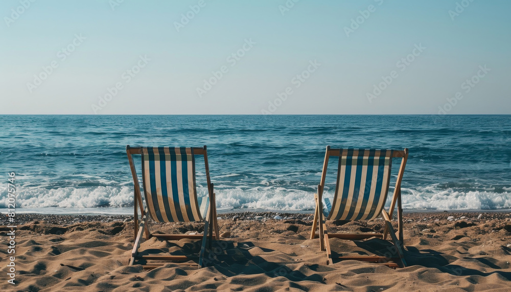 Two beach chairs are on the sand, facing the ocean by AI generated image