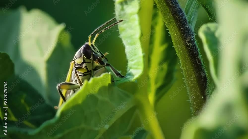 A green and yellow beetle is crawling on a leaf A green and yellow beetle is crawling on a leaf
