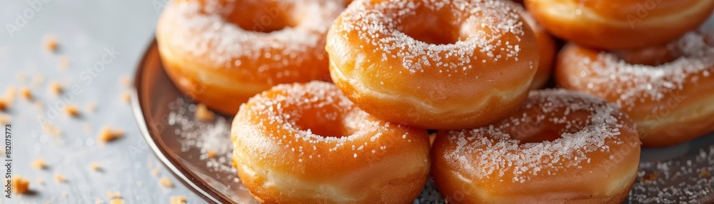A closeup shot of a plate piled high with sugary donuts, glazed and sprinkled, with crumbs scattered around, highlighting the empty calories A closeup shot of a plate piled high with sugary donuts, glazed and sprinkled, with crumbs scattered around, highlighting the empty calories