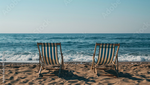 Two beach chairs are on the sand  facing the ocean by AI generated image