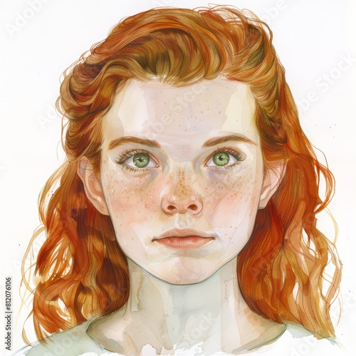 Whimsical Portrait of a Young Girl with Red Hair and Green Eyes Generative AI photo