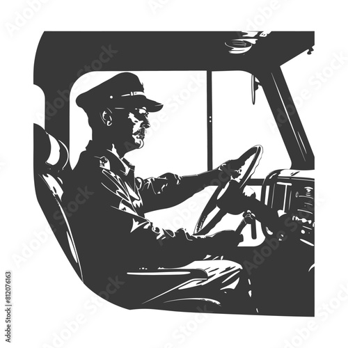 Silhouette bus driver in action full body black color only