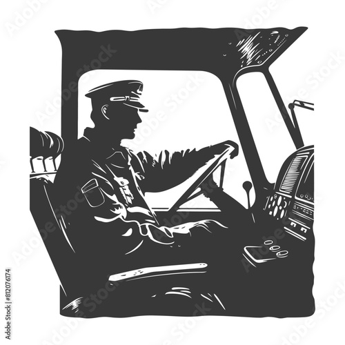 Silhouette bus driver in action full body black color only