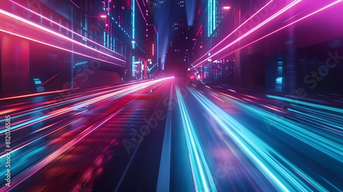 A neon lit cityscape blurs into a spectrum of speed