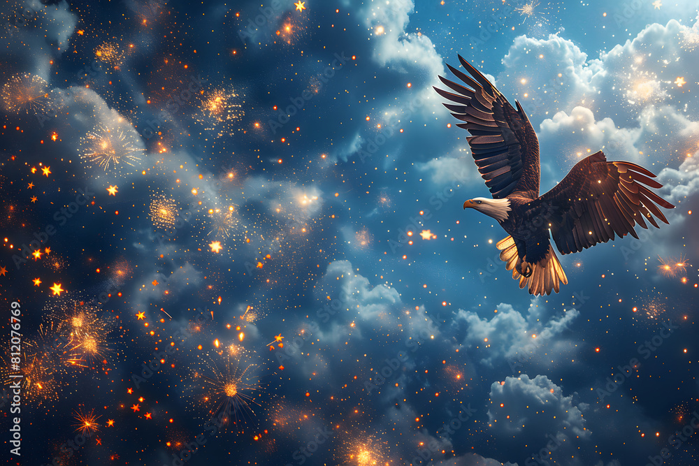 Fototapeta premium Flying eagle with American flag and fireworks on background, 4 July Independence Day celebration.