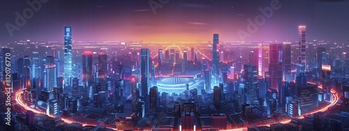 Experience the electrifying atmosphere of a neon sports arena  set amidst a futuristic cityscape with a dynamic design.