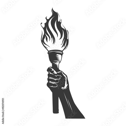 Silhouette hand holding burning torch black color only