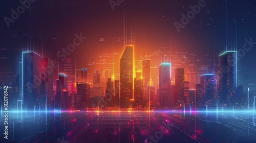 Skyline of a tech advanced city with neon contours and minimalist design for a modern look.