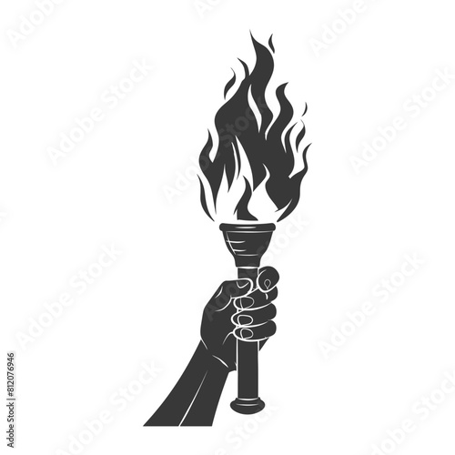 Silhouette hand holding burning torch black color only