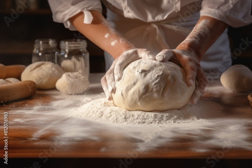 A baker prepares bread dough on a floured wooden board, focusing on the kneading process. photo