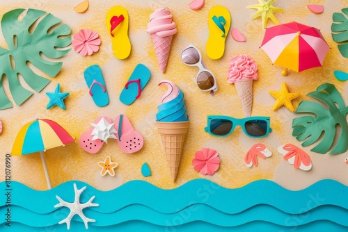 A collage of colorful paper cutouts representing summer elements ice cream cones  sunglasses  flip flops  and a beach umbrella on a textured sandy background