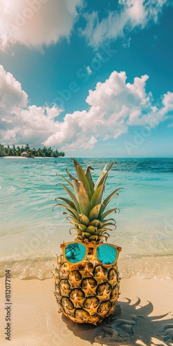 Funny Pineapple on Beach with Blue Ocean Background. Perfect for a Turquoise and Citrus Honeymoon