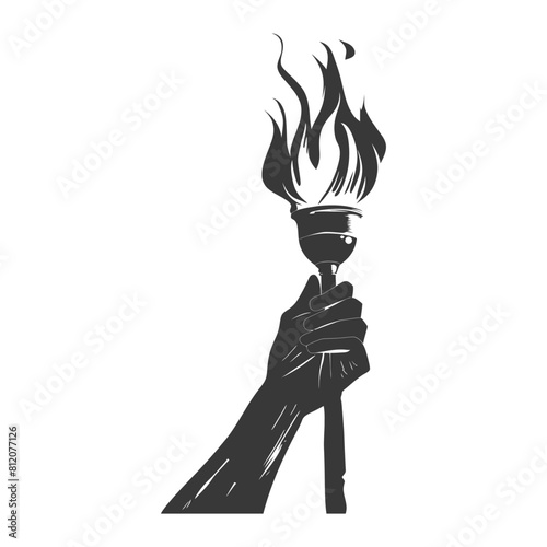 Silhouette hand holding burning torch black color only