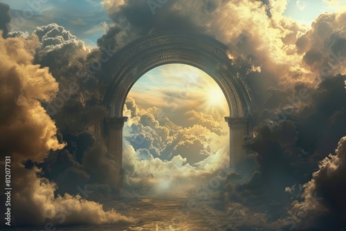 Pearly Gates of Heaven: A Surreal Landscape with a Heavenly Entryway and Ethereal Clouds photo