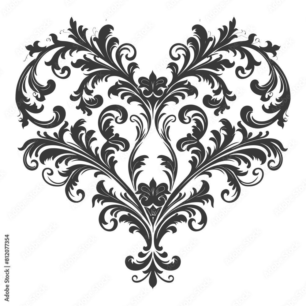 Silhouette Hearth shape Baroque ornament with filigree floral element black color only Silhouette Hearth shape Baroque ornament with filigree floral element black color only