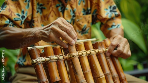 A man is skillfully playing the angklung a unique multitonal musical instrument that originated from the Sundanese culture Crafted from bamboo the angklung produces enchanting melodies that photo