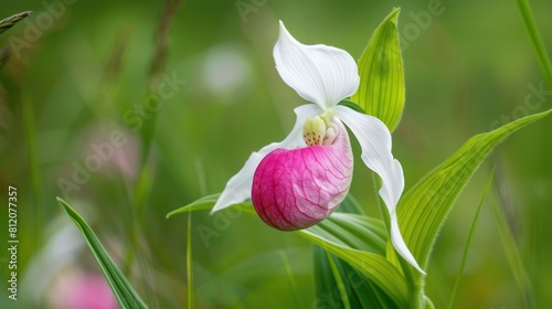 Pink-and-White Lady's-slipper: Minnesota State Flower in Close-Up Bloom on Green Background