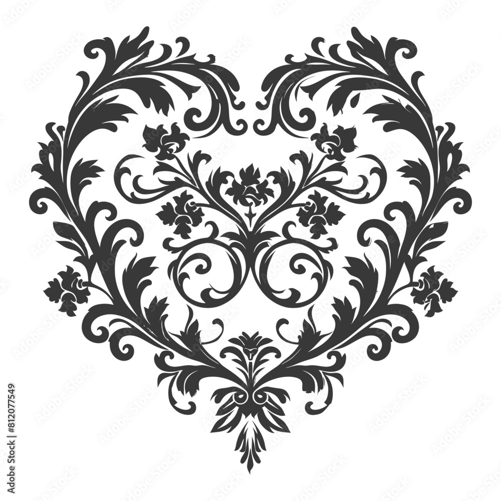 Silhouette Hearth shape Baroque ornament with filigree floral element black color only