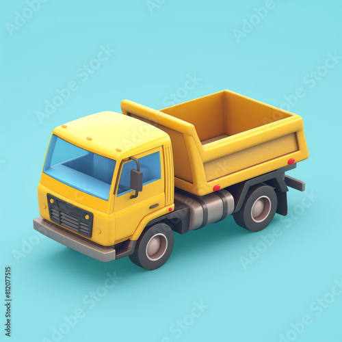 A yellow toy dump truck on a blue background. The truck is in isometric view and has a simple design.