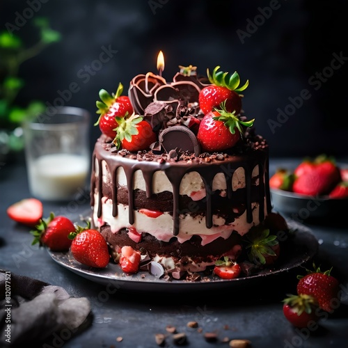 chocolate cake with strawberries and candles on the table