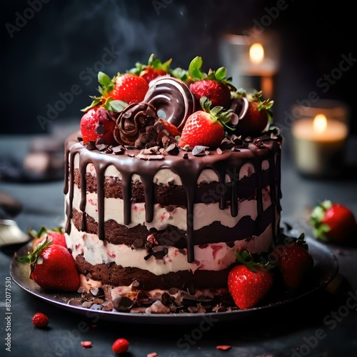 chocolate cake with strawberries and candles on the table