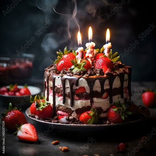 chocolate cake with strawberries and candles on the table