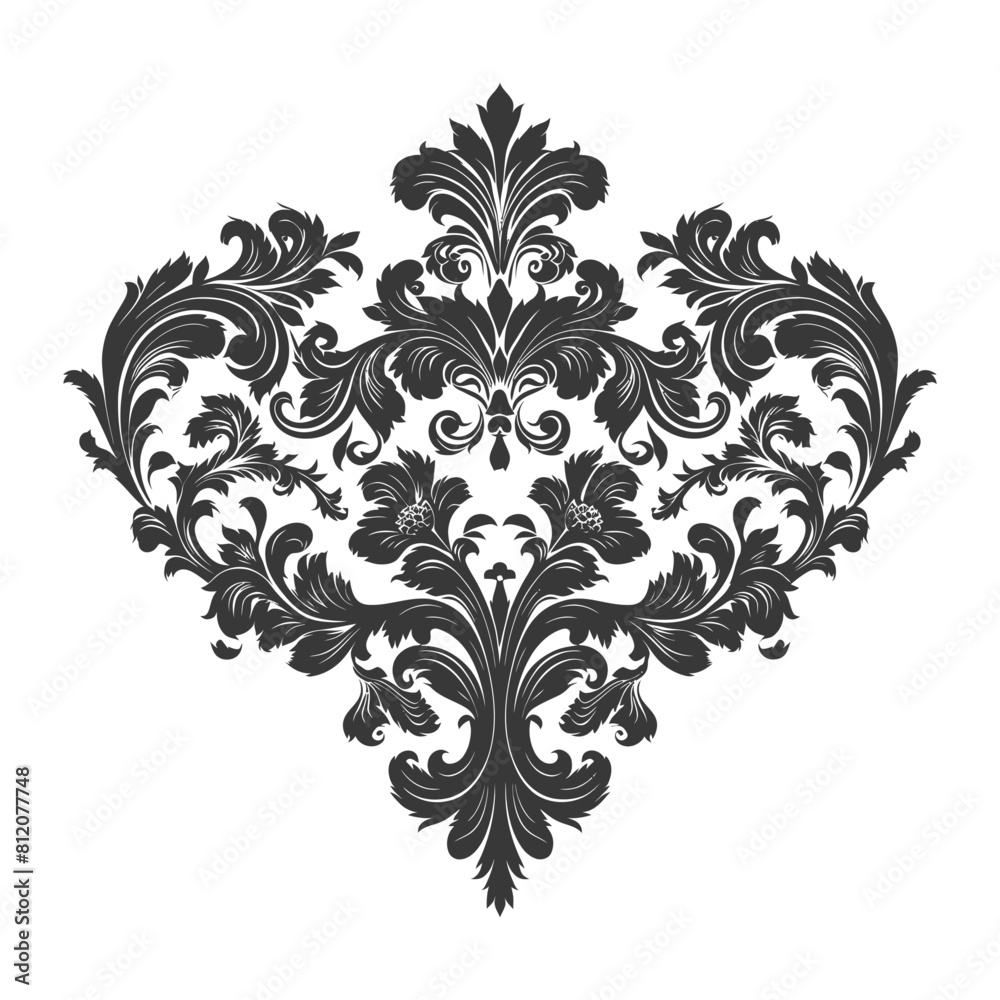 Silhouette Hearth shape Baroque ornament with filigree floral element black color only