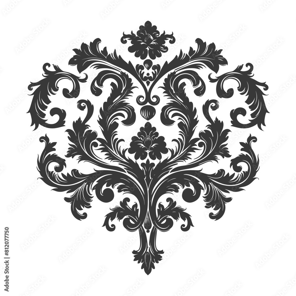 Silhouette Hearth shape Baroque ornament with filigree floral element black color only