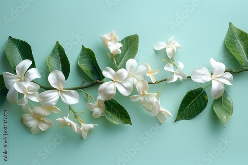 White Stephanotis Flower on Green Isolated Background. Spring Floral Vine Plant with Leaves  photo