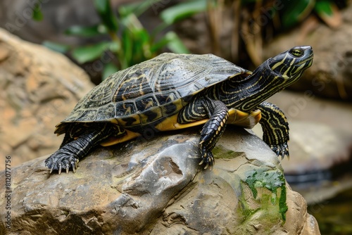 Slow and Steady: Cute California Western Pond Turtle Relaxing on a Rock in Nature's Duck Pond