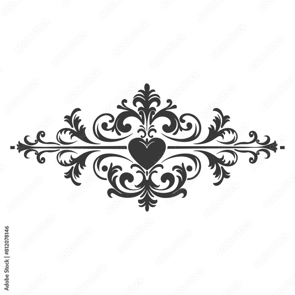 Silhouette horizontal line divider with Hearth shape ornament black color only