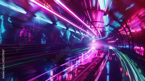 A vibrant journey through a neon lit futuristic tunnel