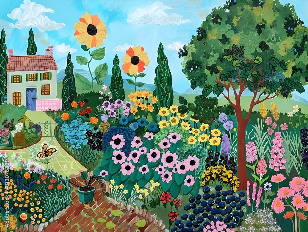 custom made wallpaper toronto digitalNaive Art Portrayal of a Devoted Green Thumb Engrossed in Careful Gardening of a Vibrant Floral Haven