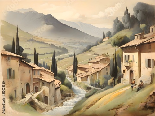 Italian Landscape Vintage Painting Illustration Art photo
