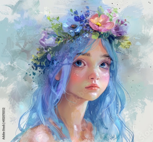 Whimsical Portrait of a Young Girl with Blue Hair and Flower Crown Generative AI