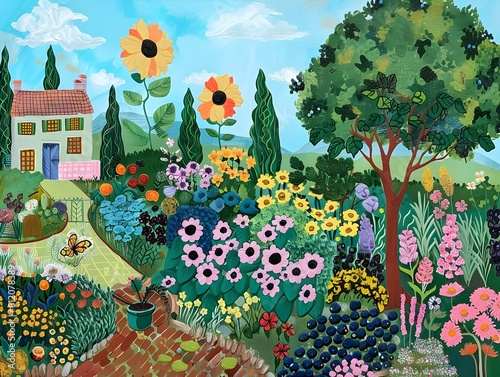 Wallpaper Mural Naive Art Portrayal of a Devoted Green Thumb Engrossed in Careful Gardening of a Vibrant Floral Haven Torontodigital.ca