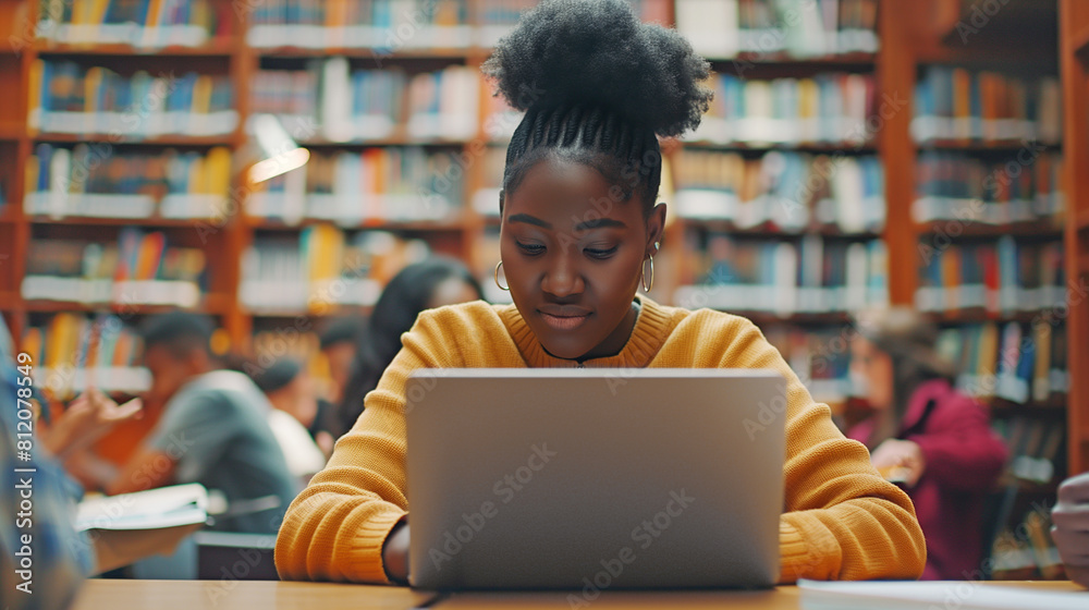An African-American female student is sitting in a classroom at college at a laptop, about 15-17 years old.